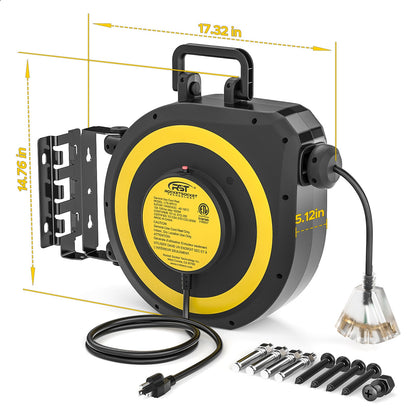 CRST 50ft Retractable Extension Cord Reel - 14AWG Heavy Duty, Lighted 3-Outlet Tap, 180° Swivel Mount, UL Listed