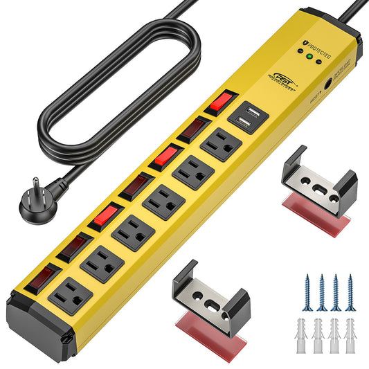CRST 6-Outlet + 2 USB Metal Power Strip | Individual Switches on Every Port, Press-Reset Overload Protector, 1200J Surge Protector, Versatile Mounting, 45° Flat Plug, SGS Certified