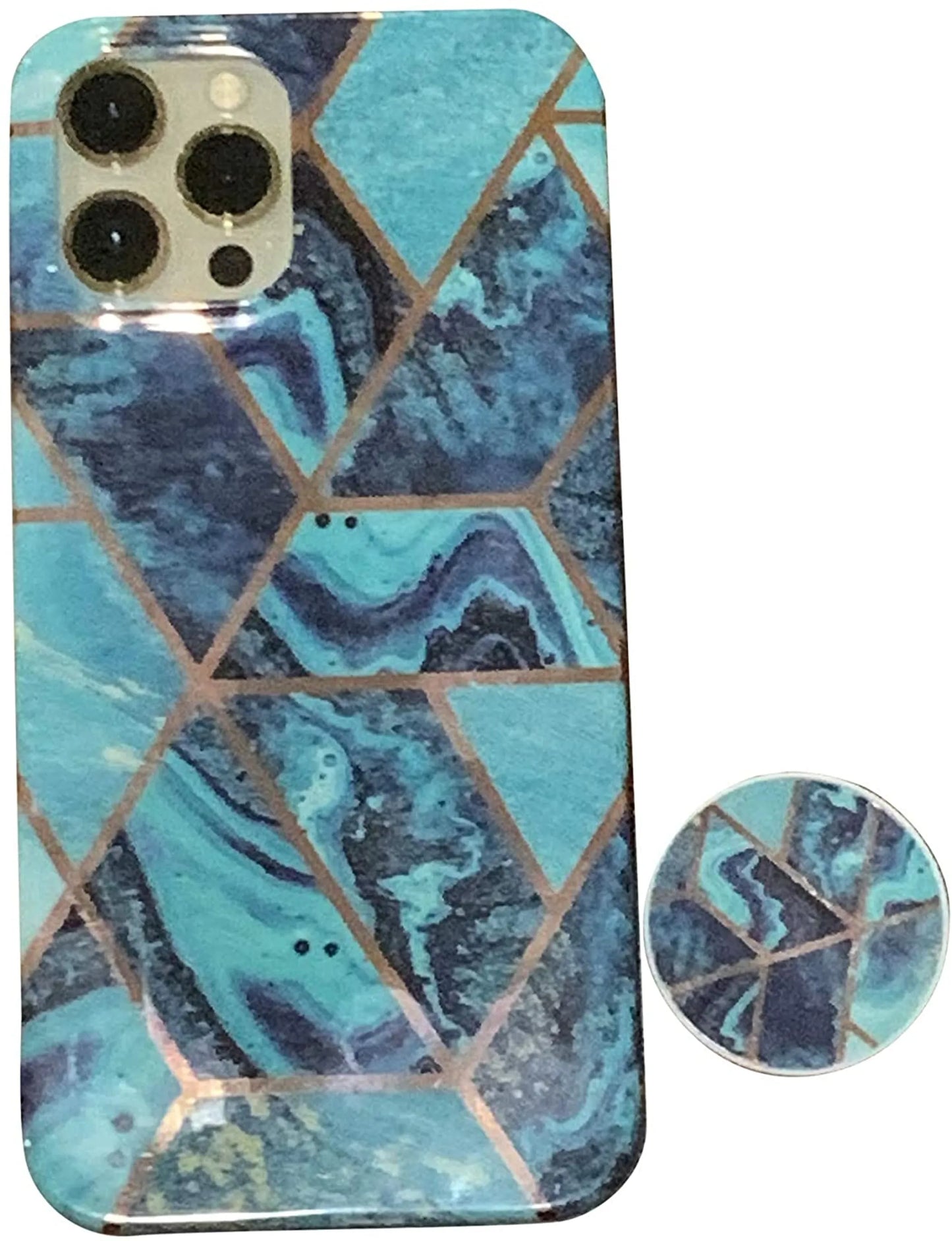 Geometric Marble Case Hard PC Bumper Protective & Shockproof Shell Cover (12/12 Pro/12 Pro Max with Pop Socket, Coral)