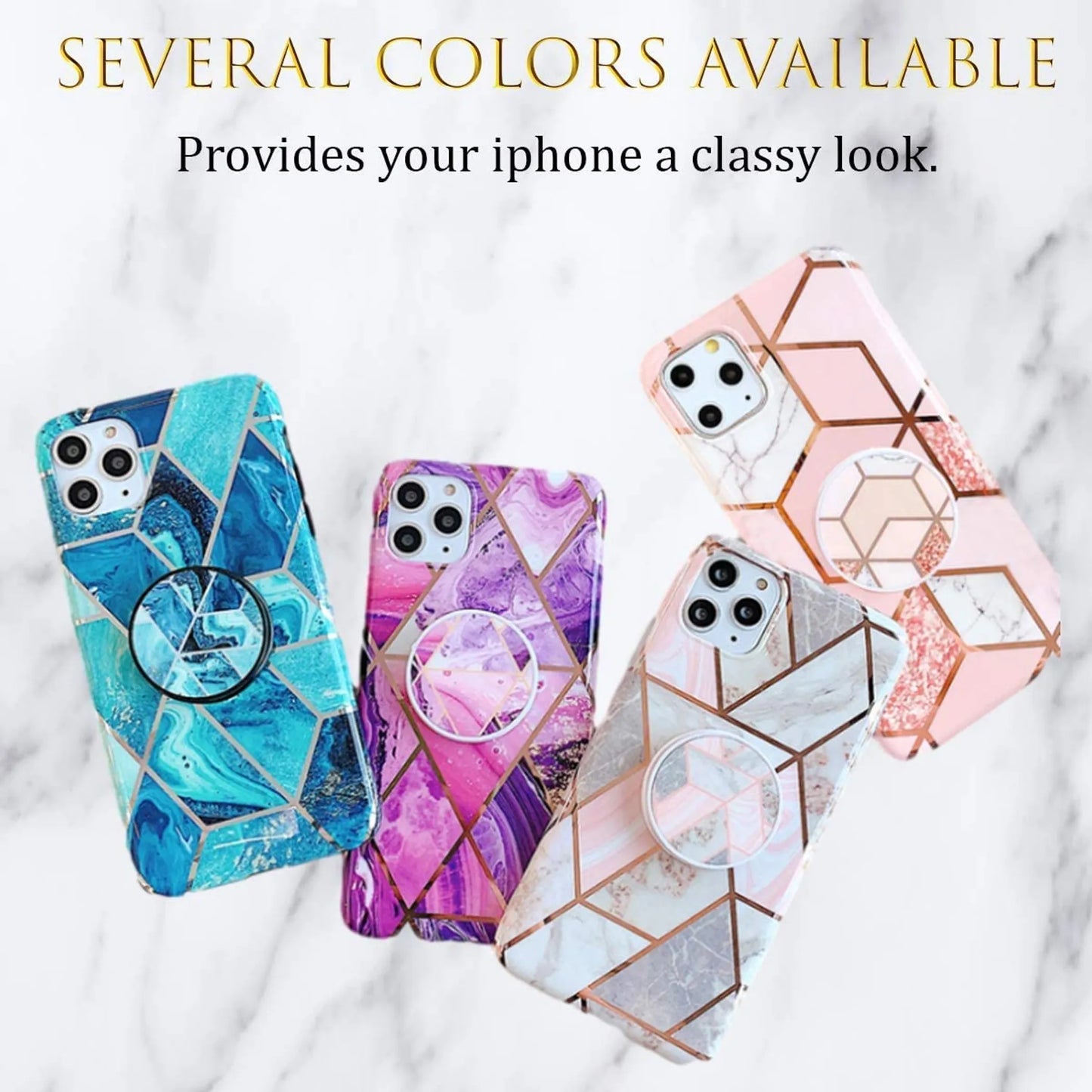 Geometric Marble Case Hard PC Bumper Protective & Shockproof Shell Cover (12/12 Pro/12 Pro Max with Pop Socket, Coral)