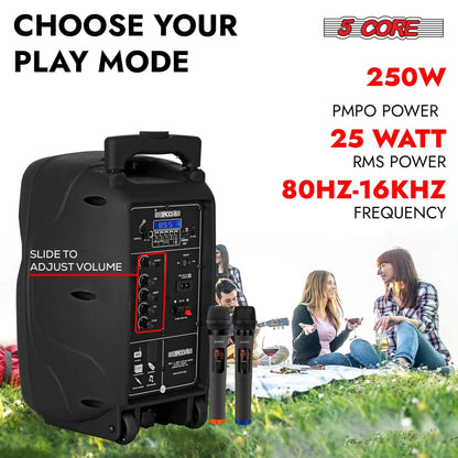 8 inch PA Portable Bluetooth Party Speaker Karaoke Boombox + 2 Wireless Mics
