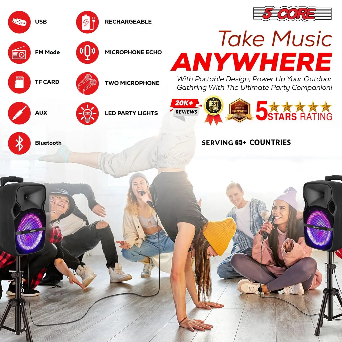 8 inch PA Portable Bluetooth Party Speaker Karaoke Boombox + 2 Wireless Mics