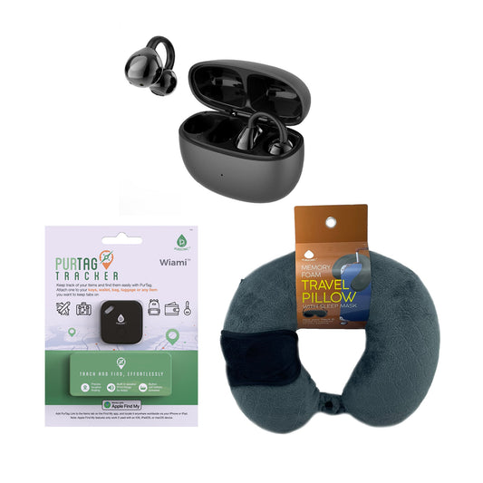 Ultimate Travel Essentials Bundle – Wireless Earbuds, Purtag Tracker & Memory Foam Travel Pillow Set-0