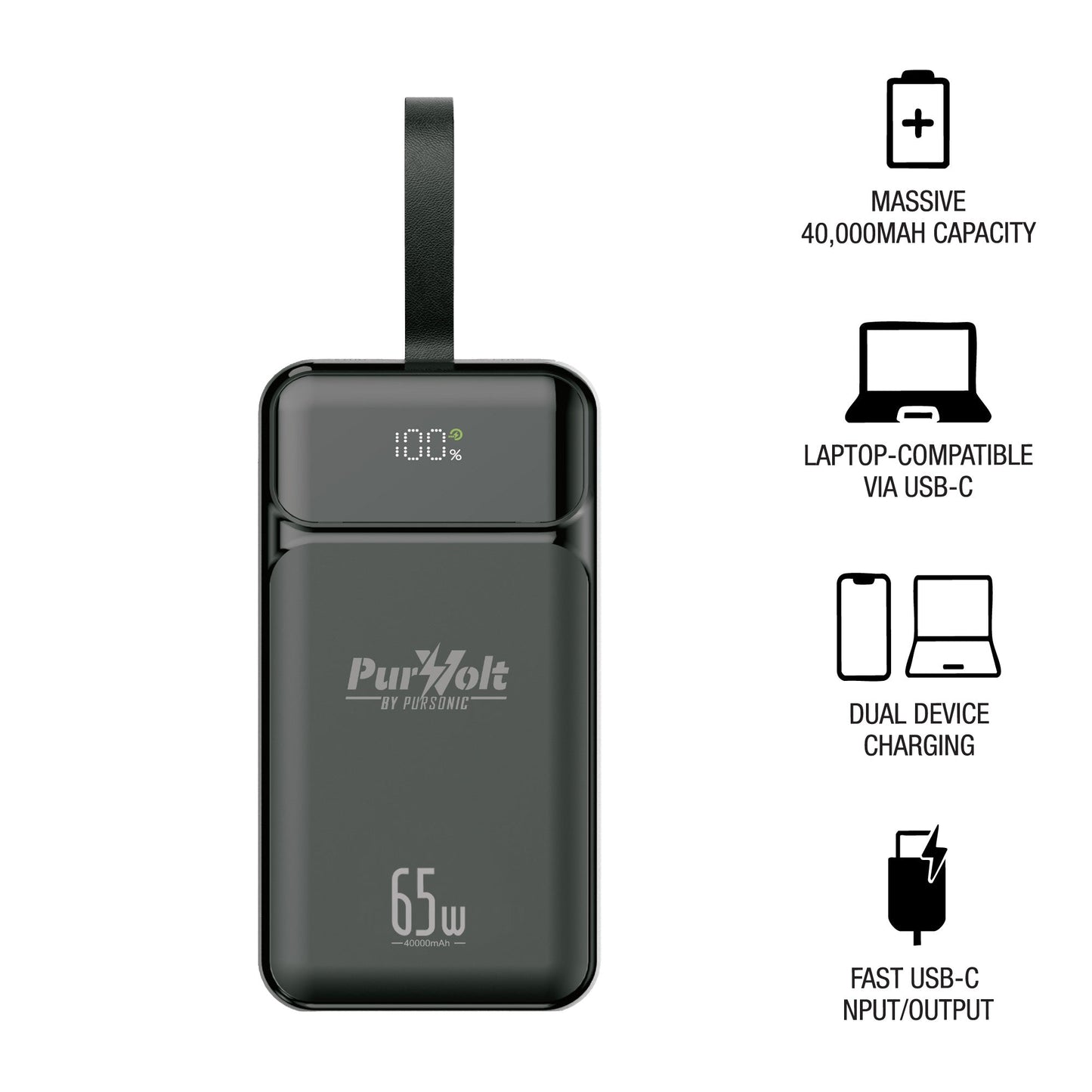 Pursonic Power Anywhere Bundle – PurVolt 40,000mAh Power Bank + LED Fast Charging Power Bank with Built-in Cables-1