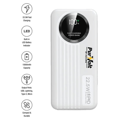 Pursonic 10,000mAh LED Fast Charging Power Bank – Built-in Cables, 22.5W Output, Type-C/USB/Lightning Compatibility-1
