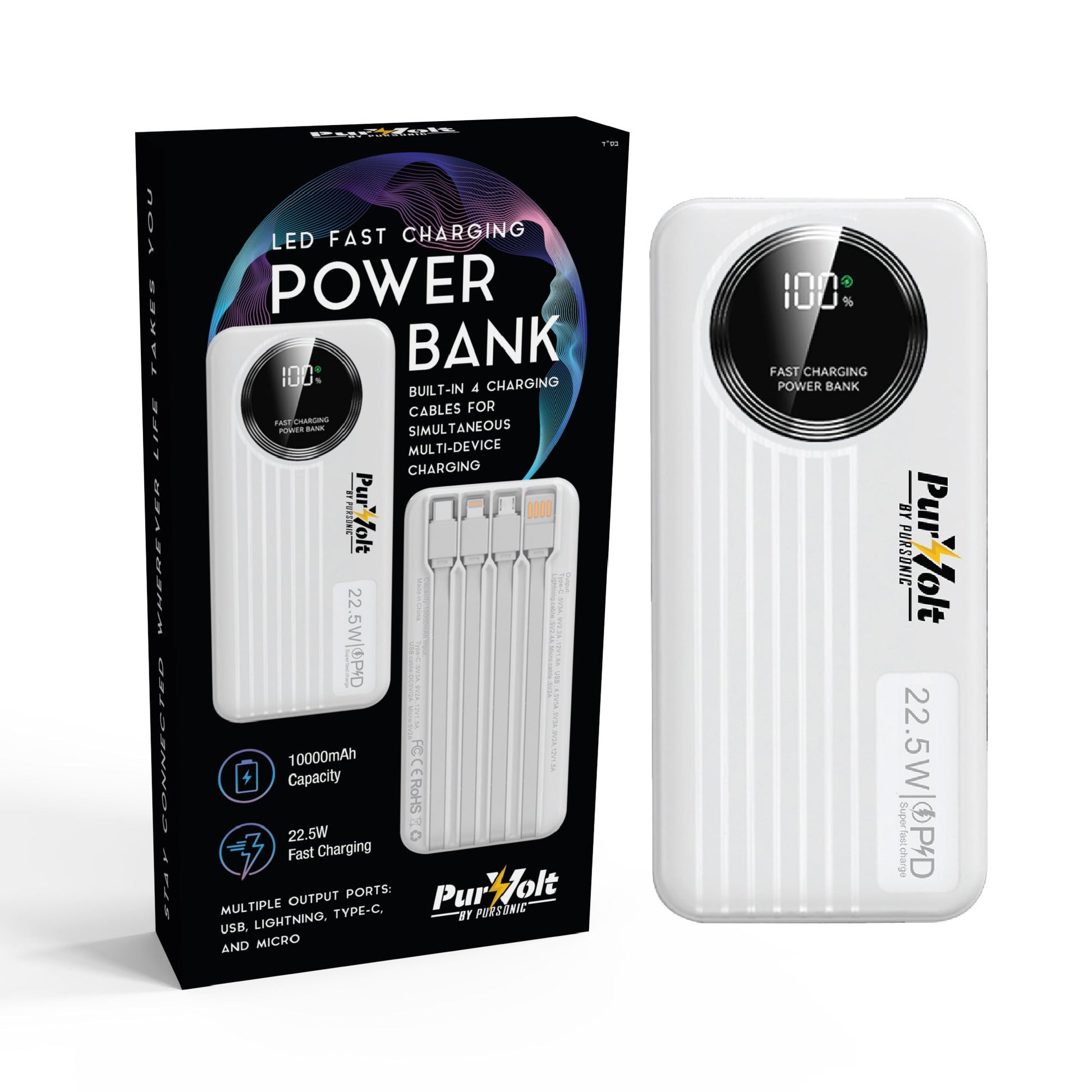 Pursonic 10,000mAh LED Fast Charging Power Bank – Built-in Cables, 22.5W Output, Type-C/USB/Lightning Compatibility-0